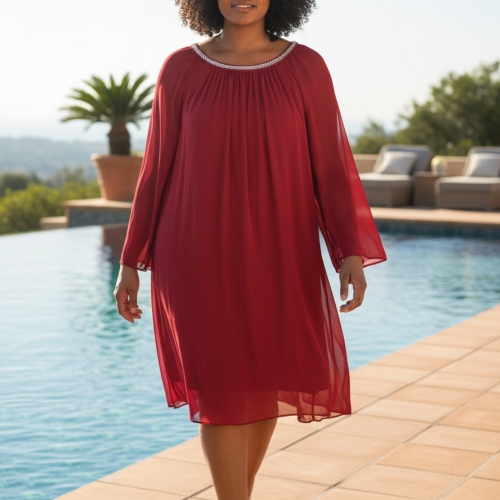 R&M Richards Red Chiffon Dress Rhinestone neckline